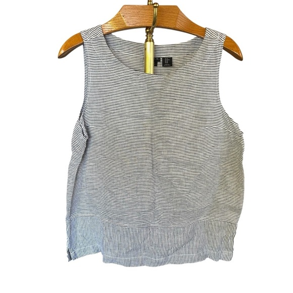 Tahari Blue and White Striped 100% Linen Boxy Tank Top Contrasting Stripes - Picture 1 of 8